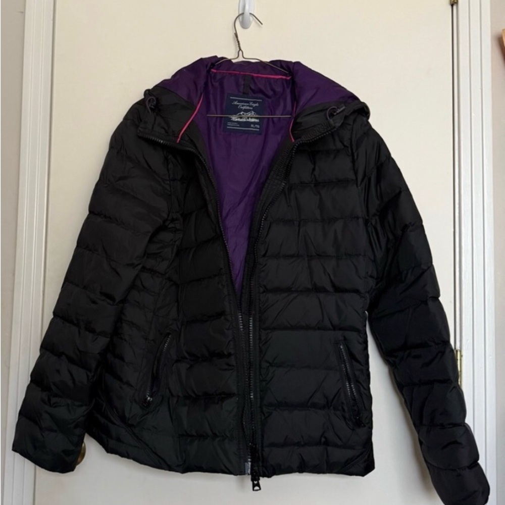 American Eagle Outfitters Black Puffer Jacket with Purple Lining